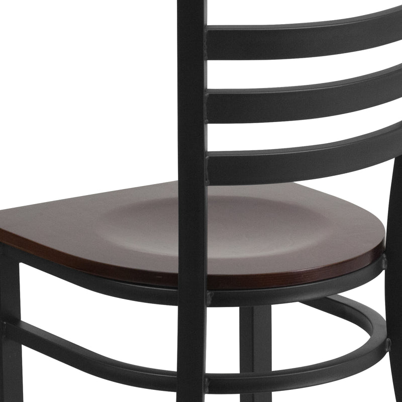 SINGLEWAVE Series Black Ladder Back Metal Restaurant Chair - Walnut Wood Seat