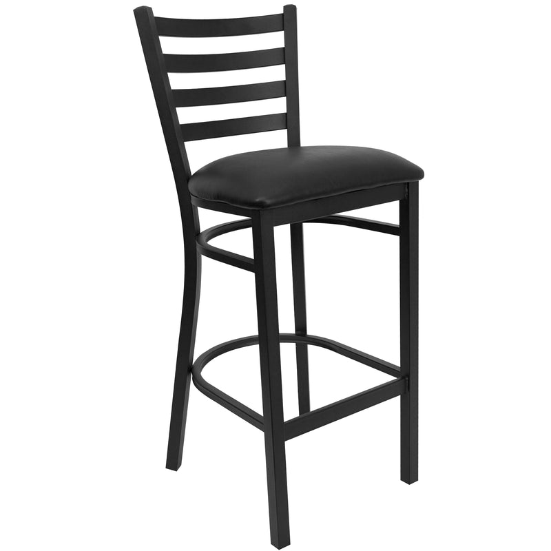 SINGLEWAVE Series Black Ladder Back Metal Restaurant Barstool - Black Vinyl Seat