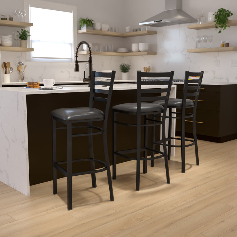 SINGLEWAVE Series Black Ladder Back Metal Restaurant Barstool - Black Vinyl Seat