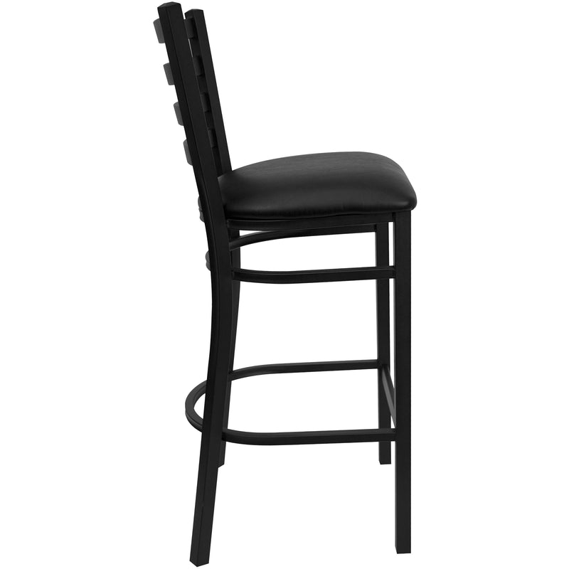 SINGLEWAVE Series Black Ladder Back Metal Restaurant Barstool - Black Vinyl Seat