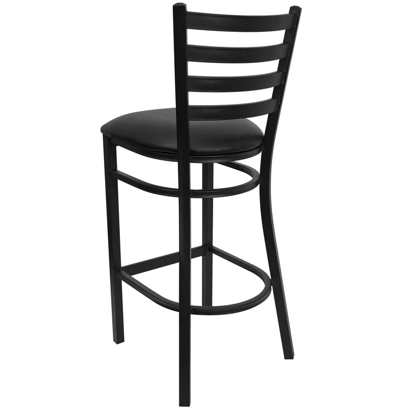 SINGLEWAVE Series Black Ladder Back Metal Restaurant Barstool - Black Vinyl Seat