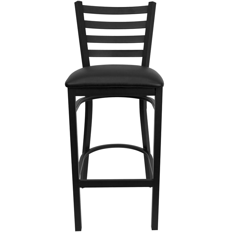 SINGLEWAVE Series Black Ladder Back Metal Restaurant Barstool - Black Vinyl Seat