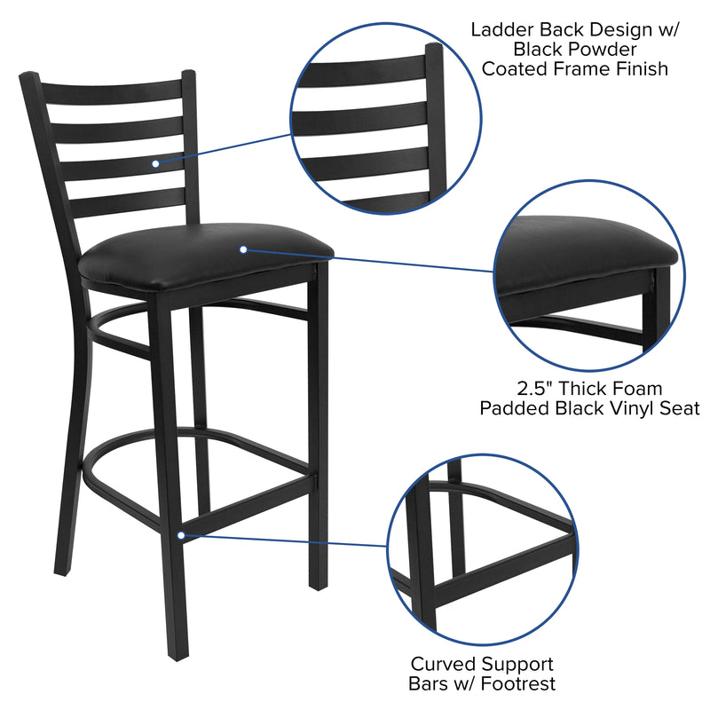 SINGLEWAVE Series Black Ladder Back Metal Restaurant Barstool - Black Vinyl Seat