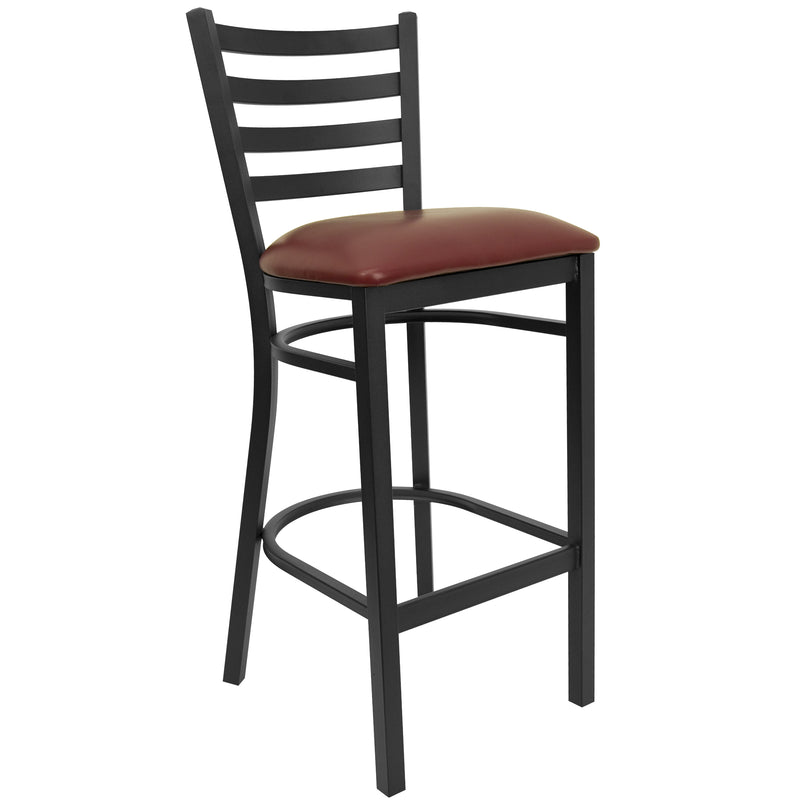 SINGLEWAVE Series Black Ladder Back Metal Restaurant Barstool - Burgundy Vinyl Seat