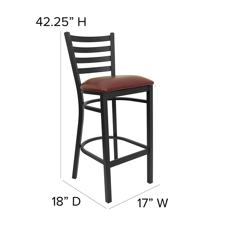 SINGLEWAVE Series Black Ladder Back Metal Restaurant Barstool - Burgundy Vinyl Seat