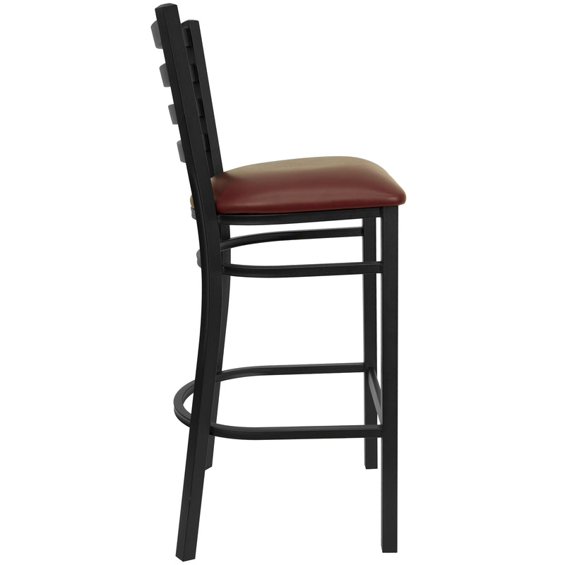 SINGLEWAVE Series Black Ladder Back Metal Restaurant Barstool - Burgundy Vinyl Seat