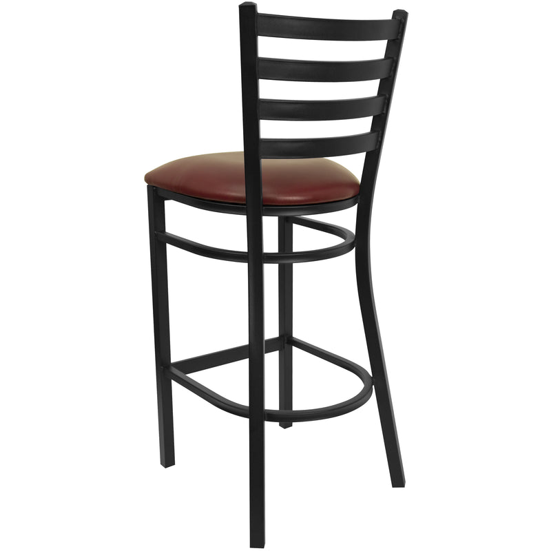 SINGLEWAVE Series Black Ladder Back Metal Restaurant Barstool - Burgundy Vinyl Seat