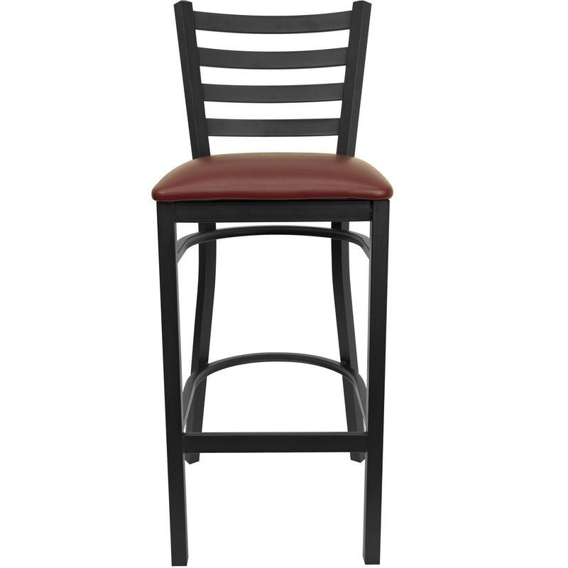 SINGLEWAVE Series Black Ladder Back Metal Restaurant Barstool - Burgundy Vinyl Seat