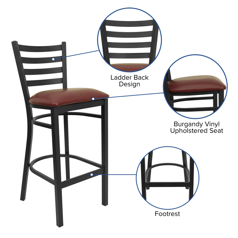 SINGLEWAVE Series Black Ladder Back Metal Restaurant Barstool - Burgundy Vinyl Seat