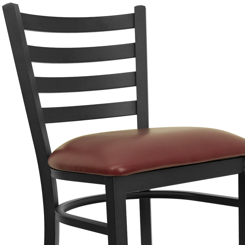 SINGLEWAVE Series Black Ladder Back Metal Restaurant Barstool - Burgundy Vinyl Seat