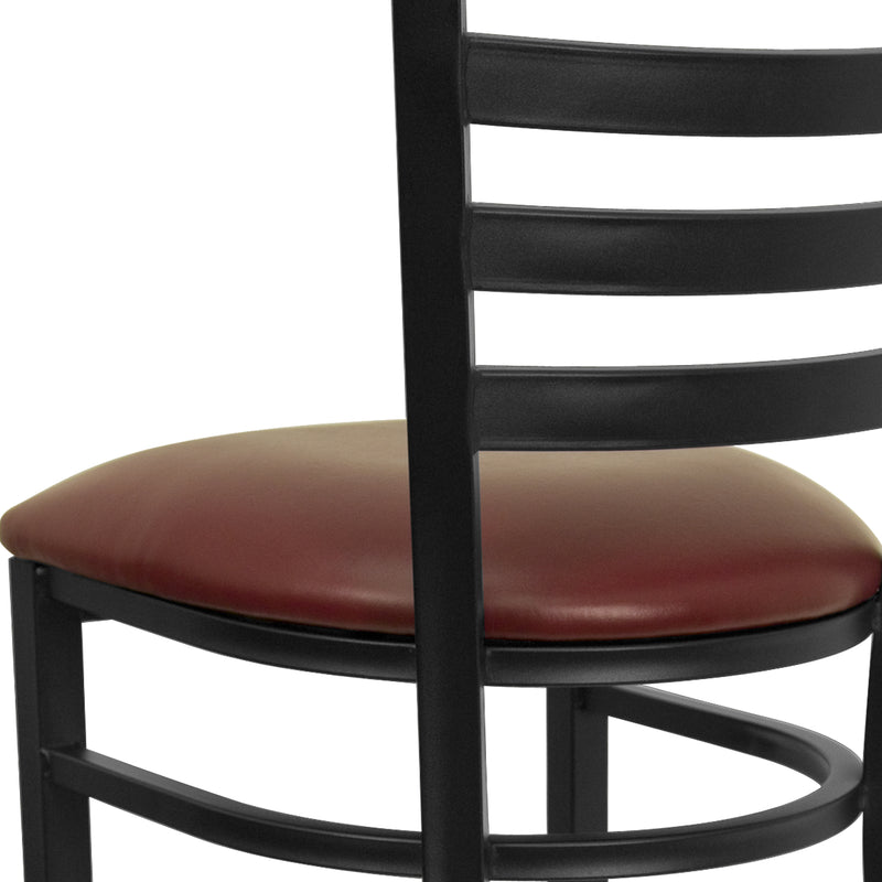 SINGLEWAVE Series Black Ladder Back Metal Restaurant Barstool - Burgundy Vinyl Seat