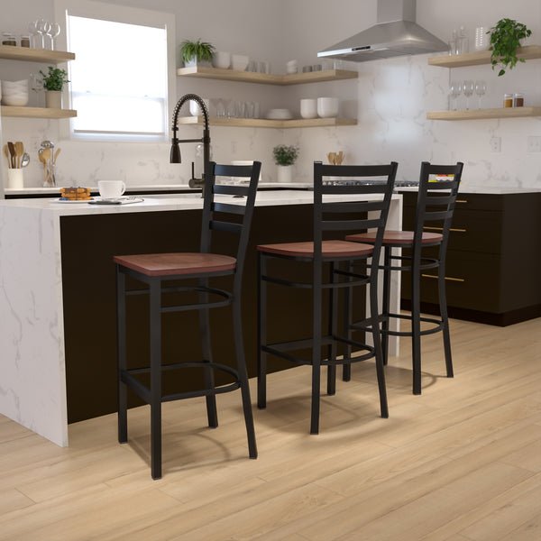 SINGLEWAVE Series Black Ladder Back Metal Restaurant Barstool - Cherry Wood Seat