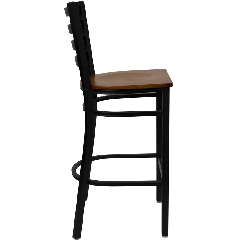 SINGLEWAVE Series Black Ladder Back Metal Restaurant Barstool - Cherry Wood Seat