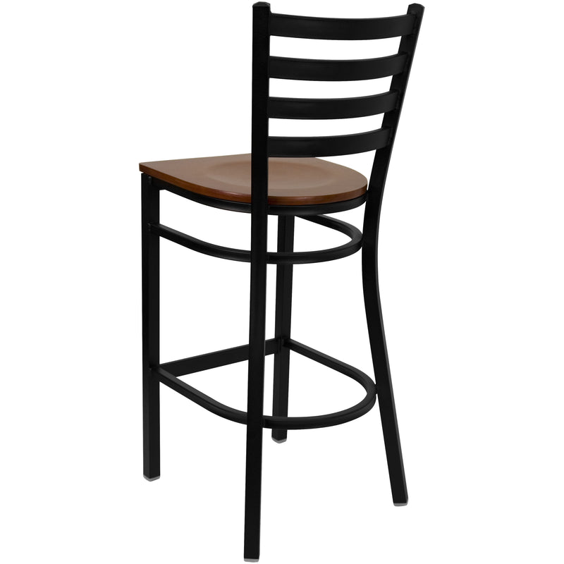 SINGLEWAVE Series Black Ladder Back Metal Restaurant Barstool - Cherry Wood Seat