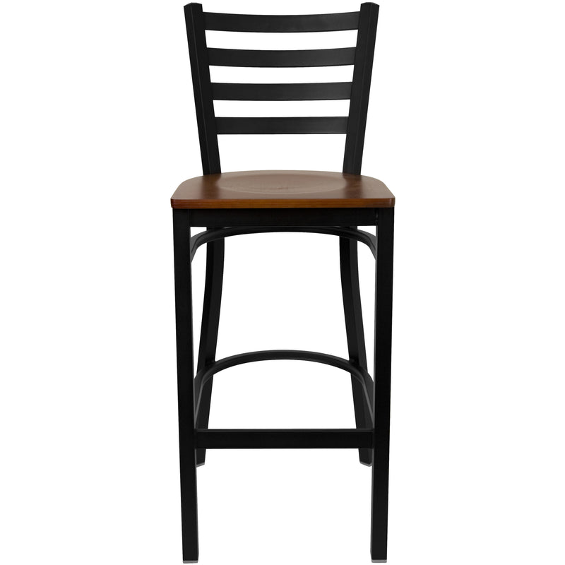 SINGLEWAVE Series Black Ladder Back Metal Restaurant Barstool - Cherry Wood Seat