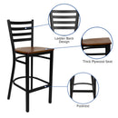 SINGLEWAVE Series Black Ladder Back Metal Restaurant Barstool - Cherry Wood Seat