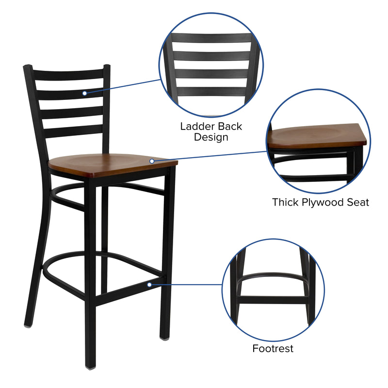 SINGLEWAVE Series Black Ladder Back Metal Restaurant Barstool - Cherry Wood Seat