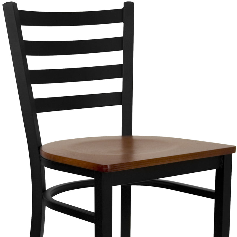 SINGLEWAVE Series Black Ladder Back Metal Restaurant Barstool - Cherry Wood Seat