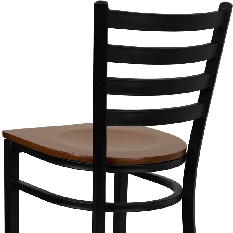 SINGLEWAVE Series Black Ladder Back Metal Restaurant Barstool - Cherry Wood Seat