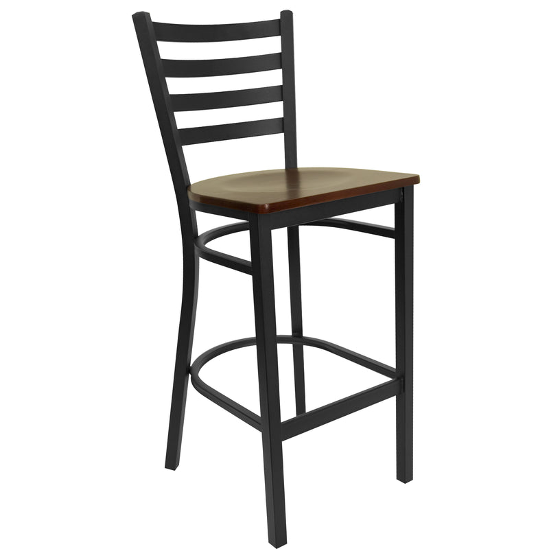 SINGLEWAVE Series Black Ladder Back Metal Restaurant Barstool - Mahogany Wood Seat