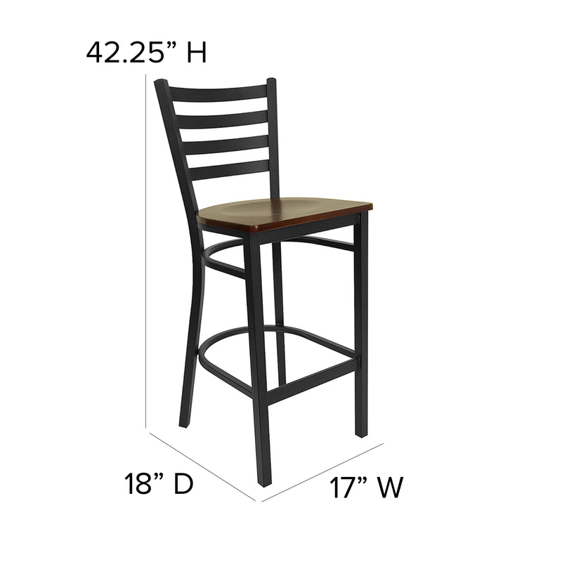 SINGLEWAVE Series Black Ladder Back Metal Restaurant Barstool - Mahogany Wood Seat