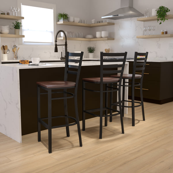 SINGLEWAVE Series Black Ladder Back Metal Restaurant Barstool - Mahogany Wood Seat