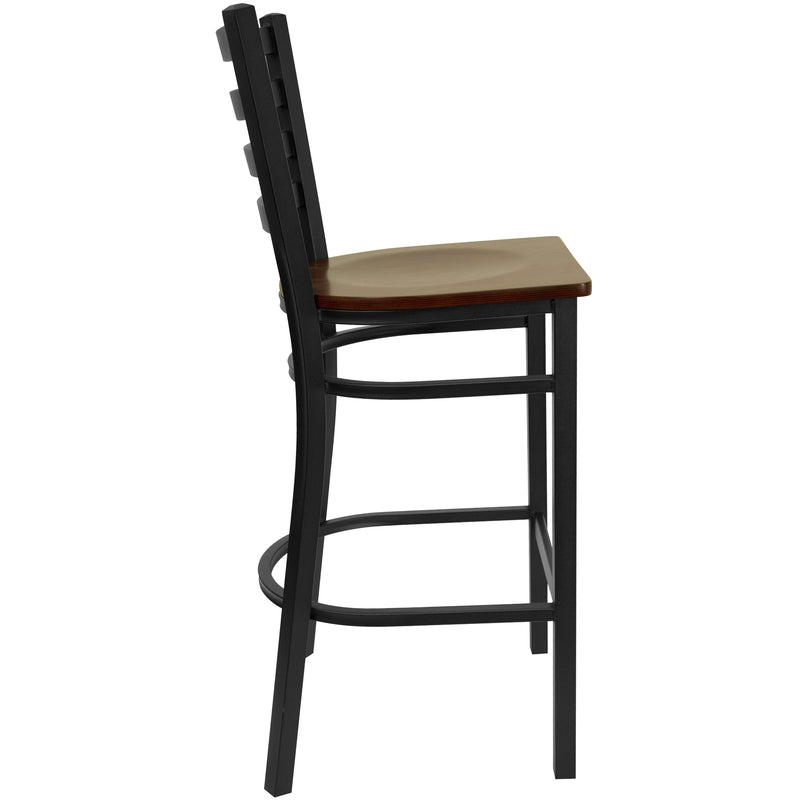 SINGLEWAVE Series Black Ladder Back Metal Restaurant Barstool - Mahogany Wood Seat