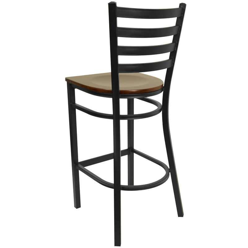 SINGLEWAVE Series Black Ladder Back Metal Restaurant Barstool - Mahogany Wood Seat