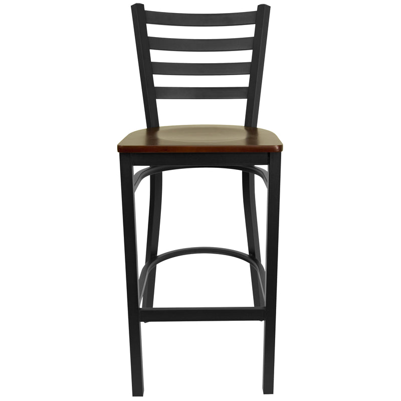 SINGLEWAVE Series Black Ladder Back Metal Restaurant Barstool - Mahogany Wood Seat