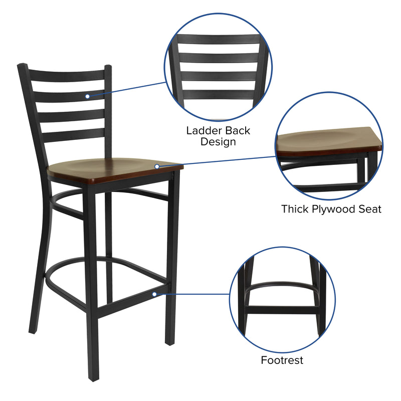 SINGLEWAVE Series Black Ladder Back Metal Restaurant Barstool - Mahogany Wood Seat