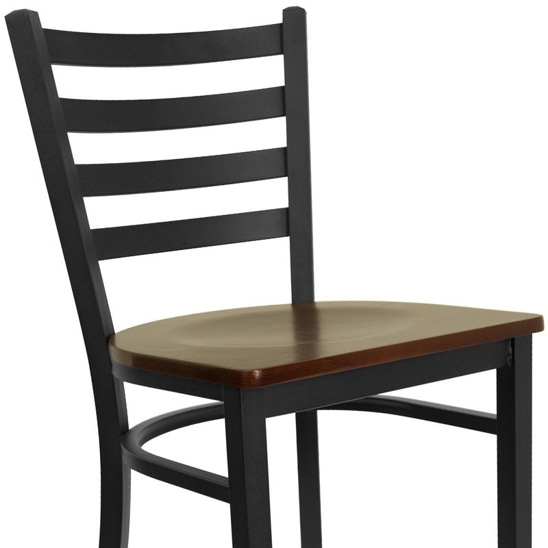 SINGLEWAVE Series Black Ladder Back Metal Restaurant Barstool - Mahogany Wood Seat