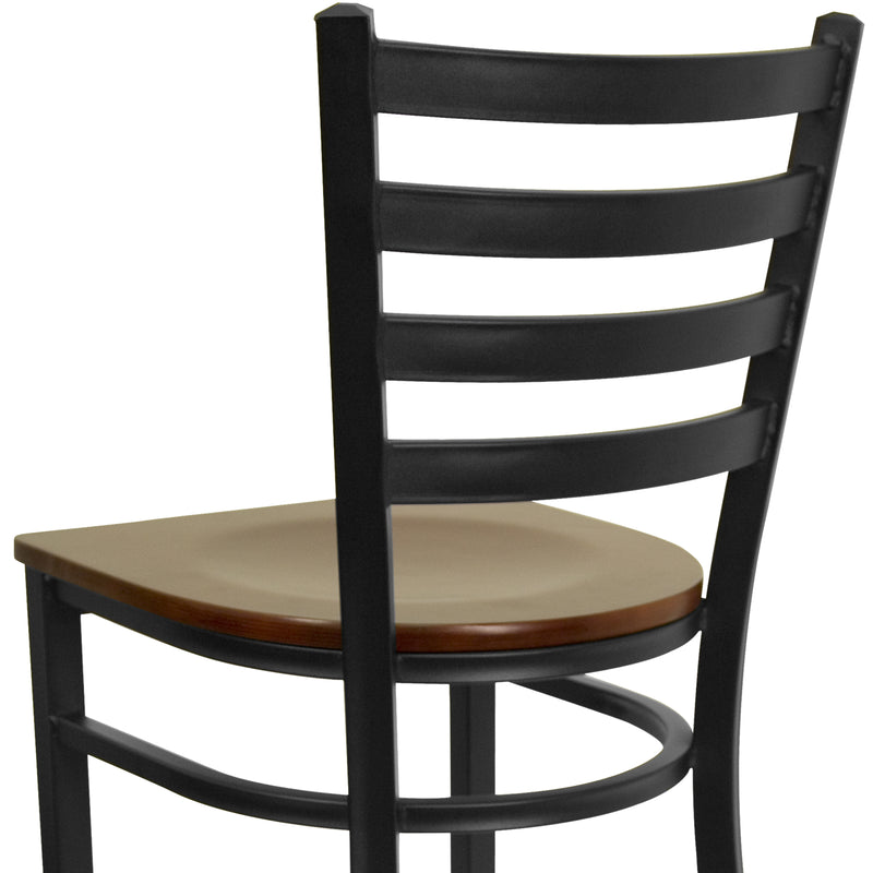 SINGLEWAVE Series Black Ladder Back Metal Restaurant Barstool - Mahogany Wood Seat