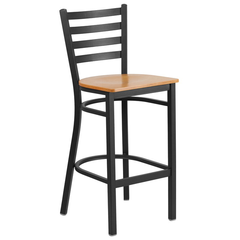 SINGLEWAVE Series Black Ladder Back Metal Restaurant Barstool - Natural Wood Seat