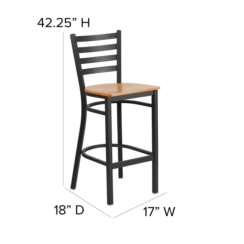 SINGLEWAVE Series Black Ladder Back Metal Restaurant Barstool - Natural Wood Seat