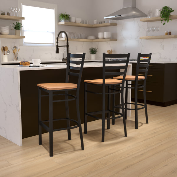 SINGLEWAVE Series Black Ladder Back Metal Restaurant Barstool - Natural Wood Seat