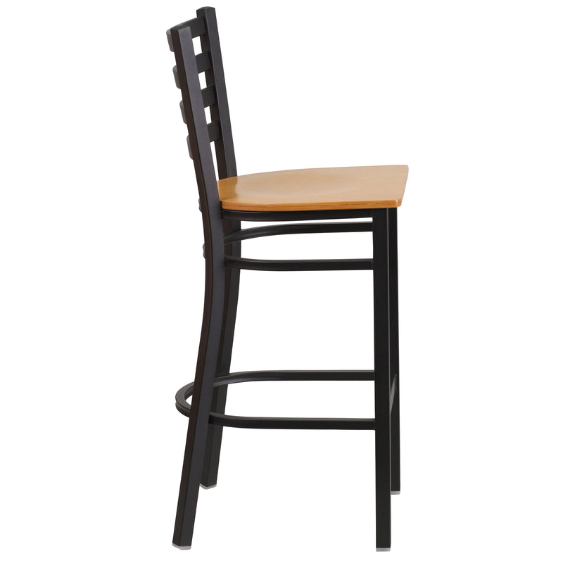 SINGLEWAVE Series Black Ladder Back Metal Restaurant Barstool - Natural Wood Seat