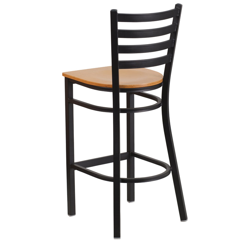 SINGLEWAVE Series Black Ladder Back Metal Restaurant Barstool - Natural Wood Seat