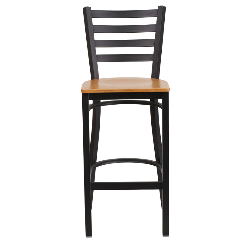 SINGLEWAVE Series Black Ladder Back Metal Restaurant Barstool - Natural Wood Seat