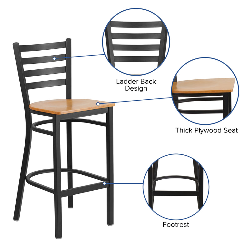 SINGLEWAVE Series Black Ladder Back Metal Restaurant Barstool - Natural Wood Seat