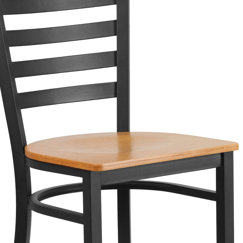 SINGLEWAVE Series Black Ladder Back Metal Restaurant Barstool - Natural Wood Seat