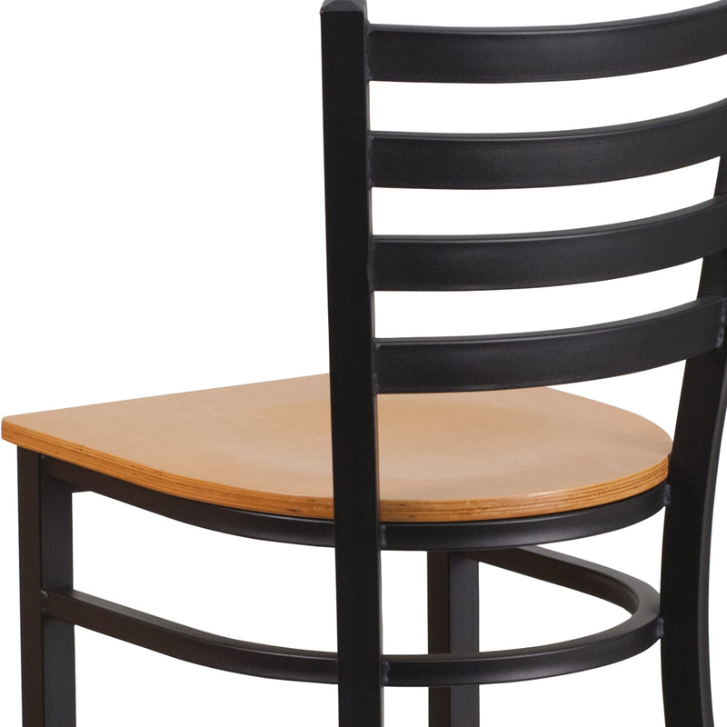 SINGLEWAVE Series Black Ladder Back Metal Restaurant Barstool - Natural Wood Seat