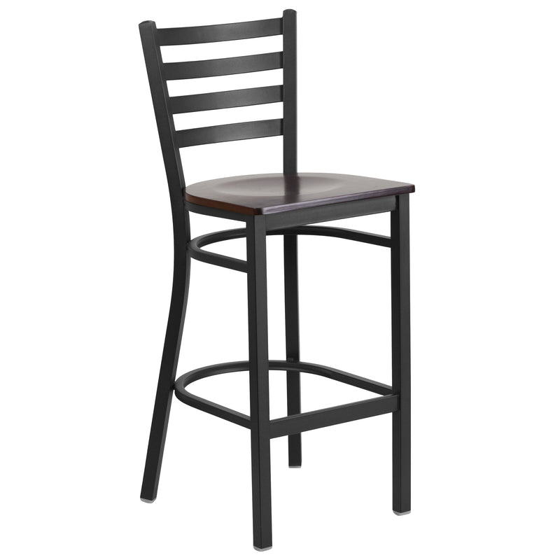 SINGLEWAVE Series Black Ladder Back Metal Restaurant Barstool - Walnut Wood Seat