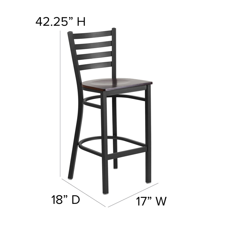 SINGLEWAVE Series Black Ladder Back Metal Restaurant Barstool - Walnut Wood Seat