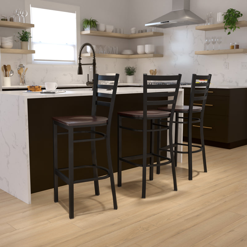 SINGLEWAVE Series Black Ladder Back Metal Restaurant Barstool - Walnut Wood Seat