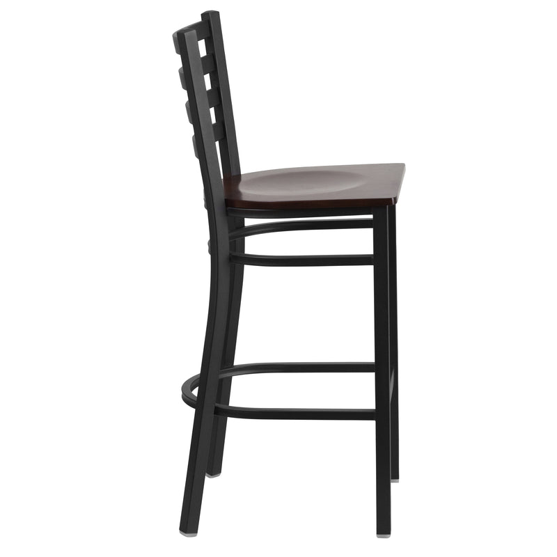 SINGLEWAVE Series Black Ladder Back Metal Restaurant Barstool - Walnut Wood Seat