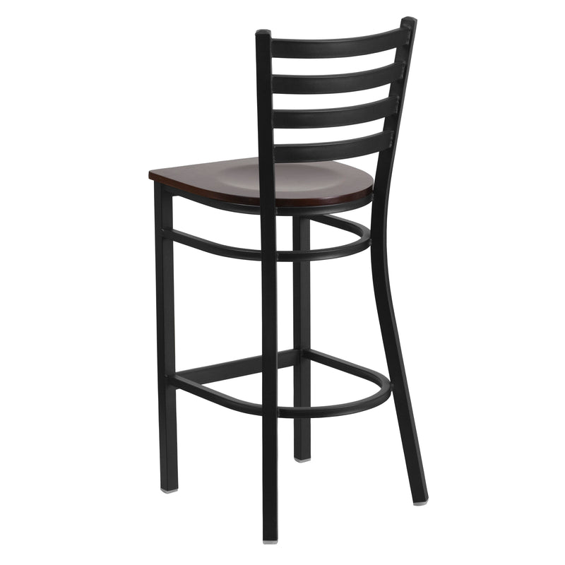 SINGLEWAVE Series Black Ladder Back Metal Restaurant Barstool - Walnut Wood Seat