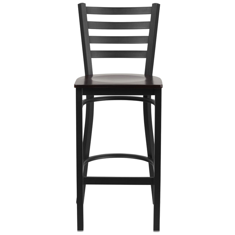 SINGLEWAVE Series Black Ladder Back Metal Restaurant Barstool - Walnut Wood Seat