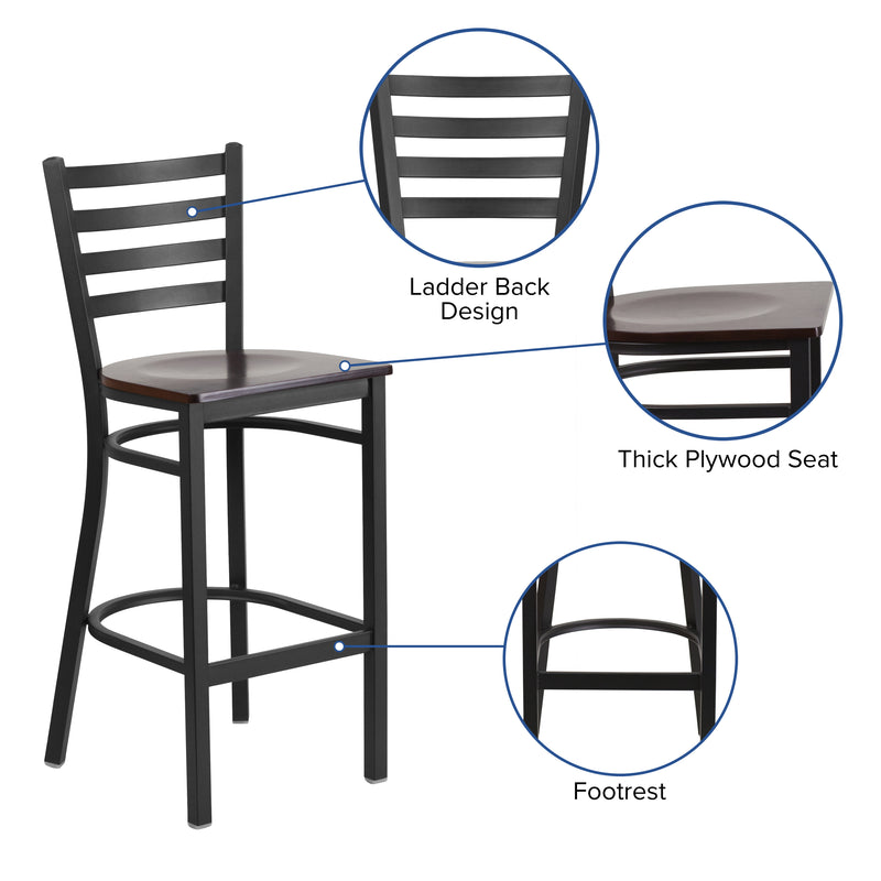 SINGLEWAVE Series Black Ladder Back Metal Restaurant Barstool - Walnut Wood Seat