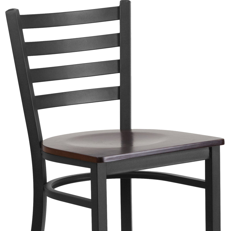 SINGLEWAVE Series Black Ladder Back Metal Restaurant Barstool - Walnut Wood Seat