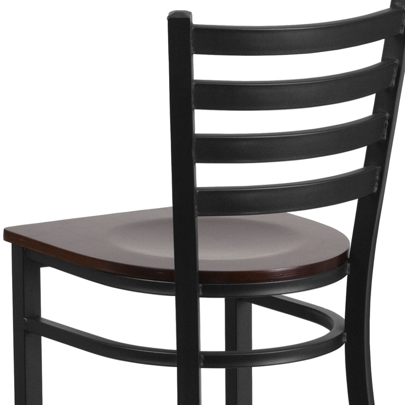 SINGLEWAVE Series Black Ladder Back Metal Restaurant Barstool - Walnut Wood Seat